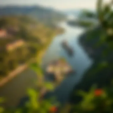 Aerial View of the Danube River Aerial view of the Danube River winding through lush landscapes
