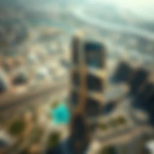 Aerial view of Davinci Tower showcasing its unique architectural design