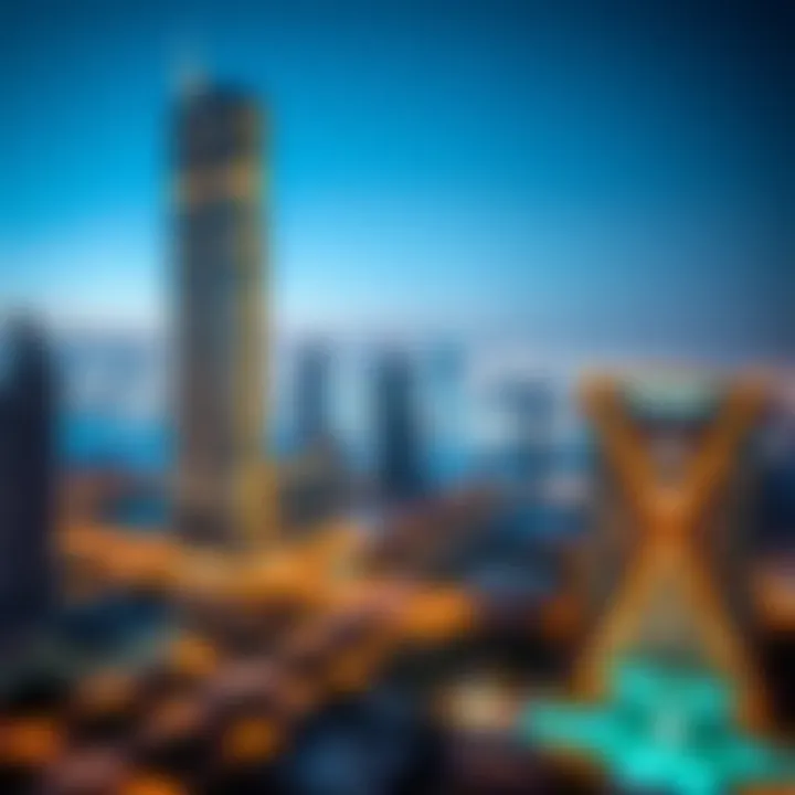 Night view of Davinci Tower illuminated against the Dubai skyline