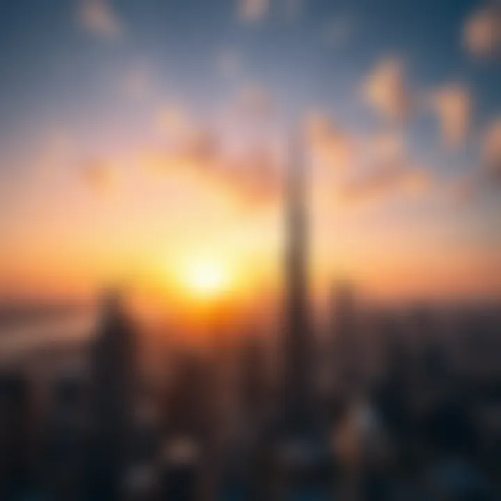 Aerial view of Dubai skyline at sunset
