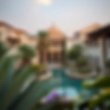 Lush Oasis Amidst Traditional Architecture Scenic view of the lush oasis surrounded by traditional buildings