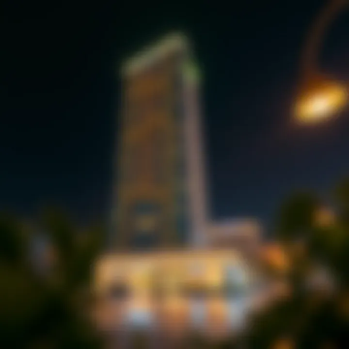 Nighttime illumination of the Bin Kalaib Building highlighting its design